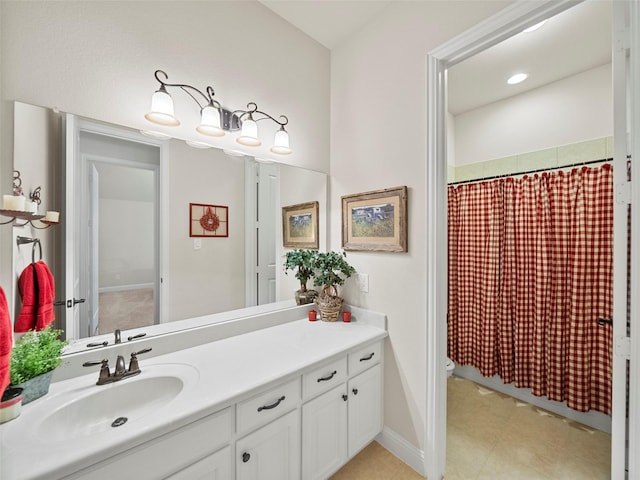 6420 Rosemary Ct, Mckinney, TX 75071 - bathroom featuring vanity, toilet, a shower with curtain, and baseboards