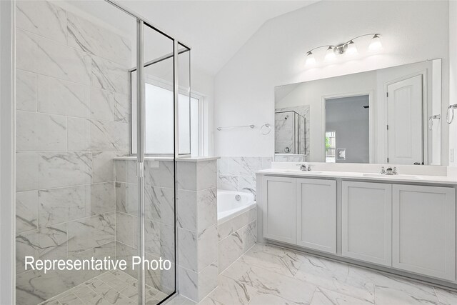 2401 Ridgecrest Ln, Sherman, TX 75092 - full bath featuring a marble finish shower, vaulted ceiling, a garden tub, double vanity, and marble look tiles