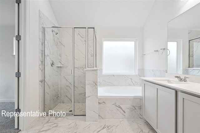 2401 Ridgecrest Ln, Sherman, TX 75092 - bathroom with a garden tub, a marble finish shower, vanity, and marble finish floors