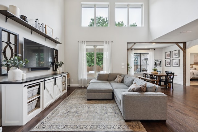 7717 Lake Worth Cv, Mckinney, TX 75071 - living area featuring dark wood-style floors and a towering ceiling