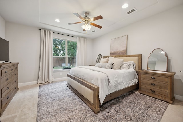 7717 Lake Worth Cv, Mckinney, TX 75071 - bedroom featuring baseboards, light carpet, recessed lighting, and a ceiling fan