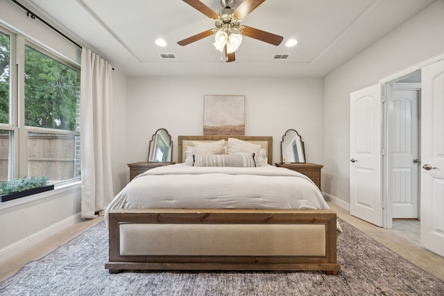 7717 Lake Worth Cv, Mckinney, TX 75071 - bedroom featuring baseboards, a ceiling fan, recessed lighting, and light colored carpet