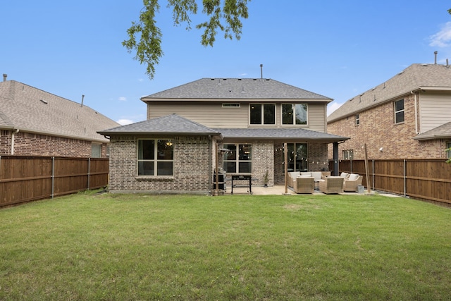 7717 Lake Worth Cv, Mckinney, TX 75071 - rear view of house with an outdoor hangout area, brick siding, a patio, and a shingled roof
