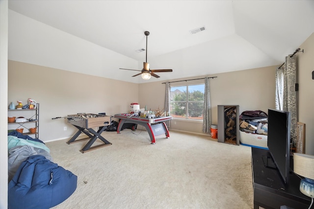 1230 Donegal Ln, Garland, TX 75044 - rec room featuring lofted ceiling, carpet floors, a ceiling fan, and baseboards