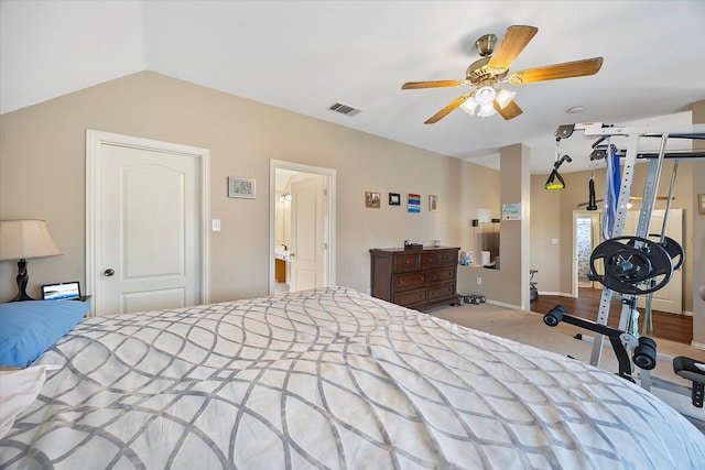 1230 Donegal Ln, Garland, TX 75044 - carpeted bedroom with lofted ceiling, ceiling fan, and baseboards