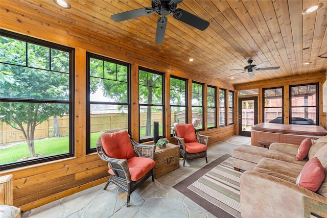 5904 Meadowcrest Ln, Sachse, TX 75048 - sunroom with a hot tub, a ceiling fan, and healthy amount of natural light