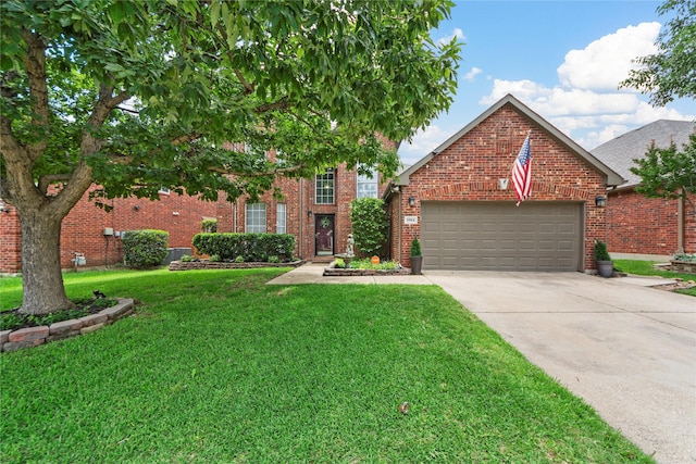 5904 Meadowcrest Ln, Sachse, TX 75048 - view of front of property featuring a garage, a front lawn, concrete driveway, and brick siding