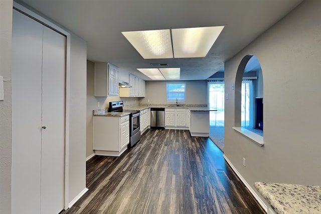 4804 Jennings Cir, The Colony, TX 75056 - kitchen with stainless steel appliances, dark wood finished floors, a sink, under cabinet range hood, and baseboards