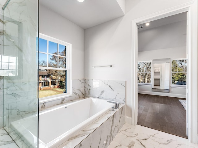 1432 N Ave, Plano, TX 75074 - full bathroom featuring a garden tub, marble finish flooring, recessed lighting, baseboards, and a marble finish shower
