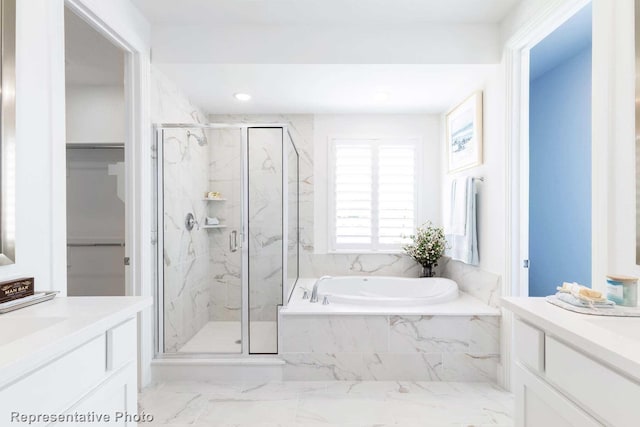 1624 Palo Duro Way, Celina, TX 75009 - full bath with vanity, a marble finish shower, a bath, marble finish flooring, and recessed lighting
