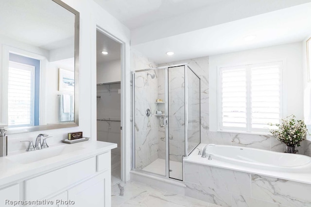 1624 Palo Duro Way, Celina, TX 75009 - bathroom featuring marble look tiles, a bath, a marble finish shower, vanity, and healthy amount of natural light