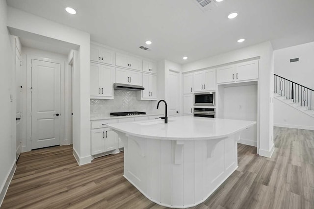 1624 Palo Duro Way, Celina, TX 75009 - kitchen featuring a sink, appliances with stainless steel finishes, under cabinet range hood, wood finished floors, and white cabinets