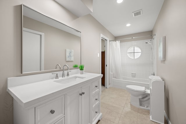 7213 Maranatha Ct, Colleyville, TX 76034 - bathroom with vanity, toilet, shower / bath combo with shower curtain, tile patterned flooring, and recessed lighting