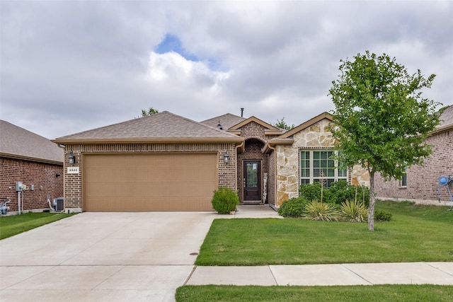3822 Brazos St, Melissa, TX 75454 - view of front of home with a garage, a front yard, concrete driveway, cooling unit, and brick siding