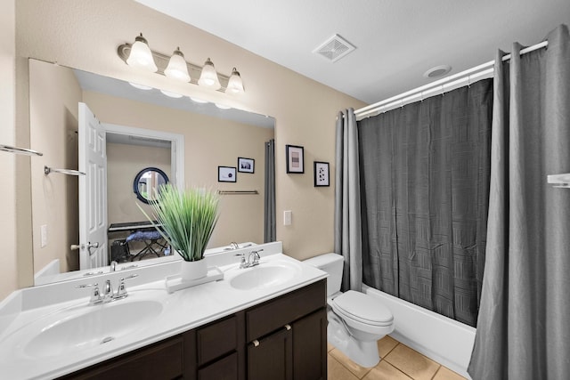 334 Hawthorn Dr, Fate, TX 75087 - bathroom featuring double vanity, toilet, tile patterned flooring, and shower / bathtub combination with curtain