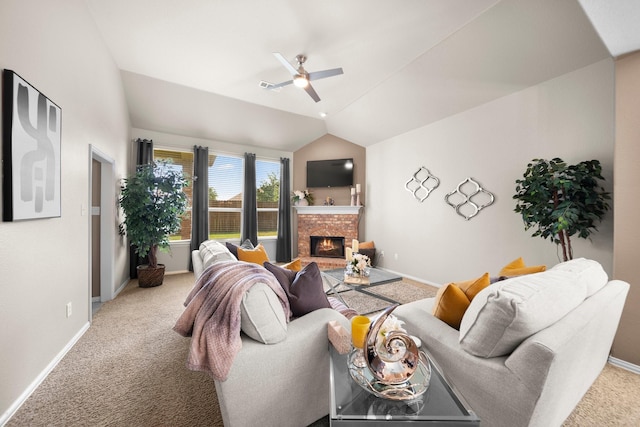 334 Hawthorn Dr, Fate, TX 75087 - carpeted living room featuring vaulted ceiling, a ceiling fan, a brick fireplace, and baseboards