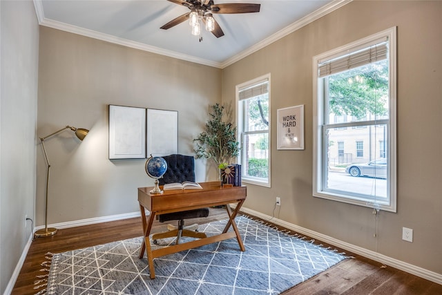 8250 Library St, Frisco, TX 75034 - office area with dark wood-style floors, a ceiling fan, baseboards, and crown molding