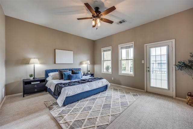 8250 Library St, Frisco, TX 75034 - bedroom featuring light carpet, baseboards, access to exterior, and a ceiling fan