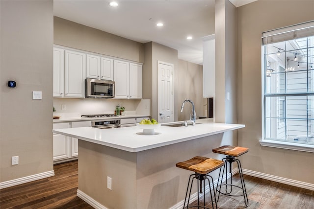 8250 Library St, Frisco, TX 75034 - kitchen with stainless steel appliances, a sink, dark wood finished floors, a kitchen breakfast bar, and recessed lighting
