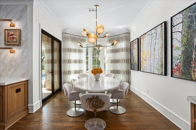1128 Shady Oaks Ln, Westover Hills, TX 76107 - dining space featuring ornamental molding, plenty of natural light, a chandelier, and dark wood-style floors