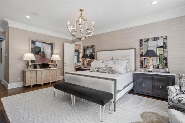 1128 Shady Oaks Ln, Westover Hills, TX 76107 - bedroom featuring a chandelier, crown molding, wood finished floors, wallpapered walls, and baseboards
