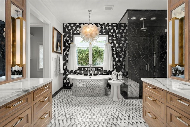 1128 Shady Oaks Ln, Westover Hills, TX 76107 - bathroom featuring a marble finish shower, a chandelier, and vanity