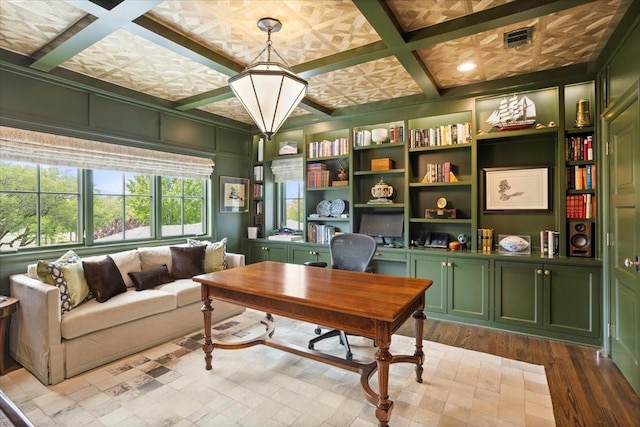 1128 Shady Oaks Ln, Westover Hills, TX 76107 - office space with wood finished floors, coffered ceiling, and beamed ceiling