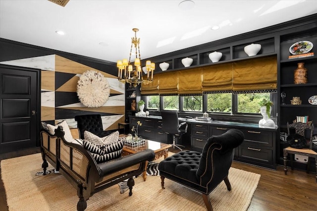 1128 Shady Oaks Ln, Westover Hills, TX 76107 - office space featuring a chandelier, wood finished floors, crown molding, and recessed lighting