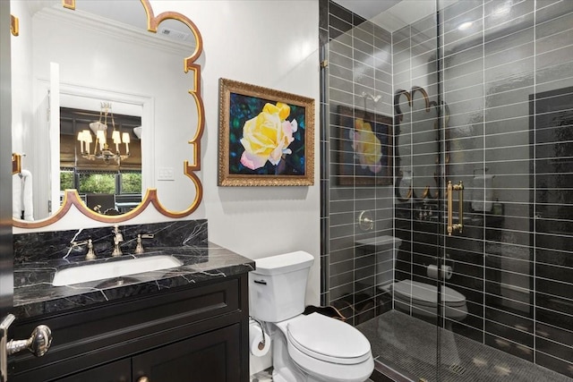1128 Shady Oaks Ln, Westover Hills, TX 76107 - full bathroom with toilet, crown molding, vanity, a chandelier, and a stall shower