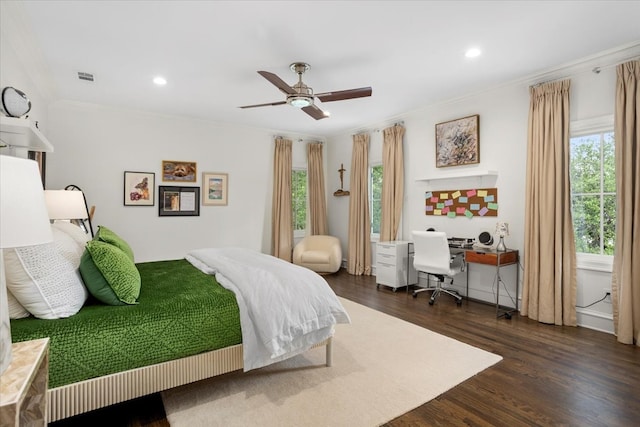 1128 Shady Oaks Ln, Westover Hills, TX 76107 - bedroom featuring an office area, dark wood-style flooring, crown molding, recessed lighting, and a ceiling fan