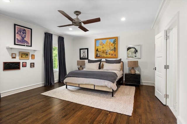 1128 Shady Oaks Ln, Westover Hills, TX 76107 - bedroom with ornamental molding, baseboards, recessed lighting, wood finished floors, and ceiling fan