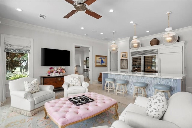 1128 Shady Oaks Ln, Westover Hills, TX 76107 - living room featuring ornamental molding, ceiling fan, recessed lighting, and baseboards