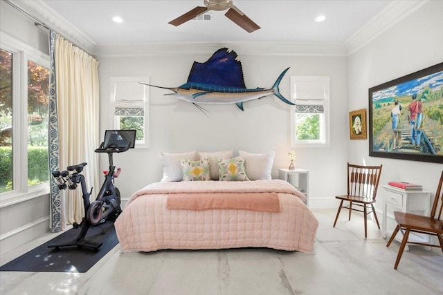 1128 Shady Oaks Ln, Westover Hills, TX 76107 - bedroom with crown molding, ceiling fan, baseboards, and recessed lighting