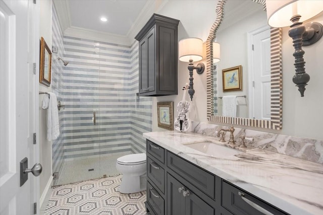 1128 Shady Oaks Ln, Westover Hills, TX 76107 - full bathroom featuring crown molding, vanity, a stall shower, toilet, and tile patterned flooring