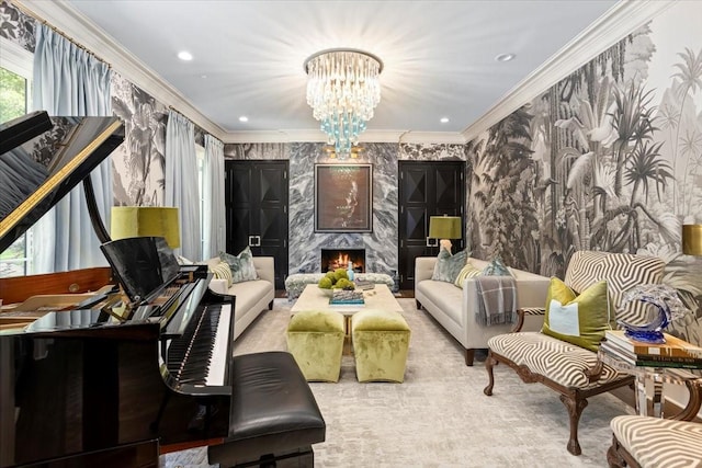 1128 Shady Oaks Ln, Westover Hills, TX 76107 - living area with wallpapered walls, crown molding, a chandelier, and a high end fireplace