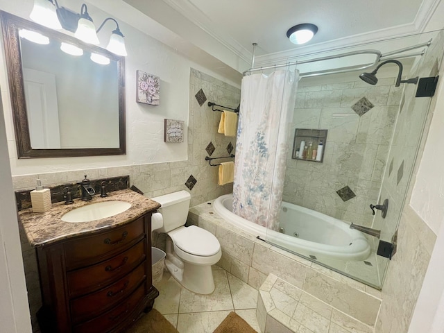 2605 Twinpost Ct, Irving, TX 75062 - bathroom featuring tiled shower / bath, tile walls, crown molding, toilet, and vanity