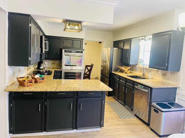 2605 Twinpost Ct, Irving, TX 75062 - kitchen with stainless steel appliances, a sink, dark cabinets, a peninsula, and light wood-type flooring