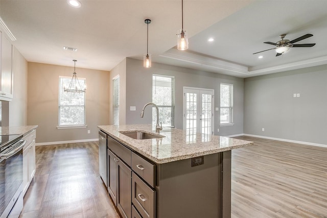430 Mitchell Blvd, Weatherford, TX 76087 - kitchen with a sink, stainless steel appliances, light wood-style flooring, a tray ceiling, and recessed lighting