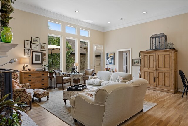 6518 Laurel Valley Rd, Dallas, TX 75248 - living room featuring crown molding, a towering ceiling, light wood-style floors, and recessed lighting