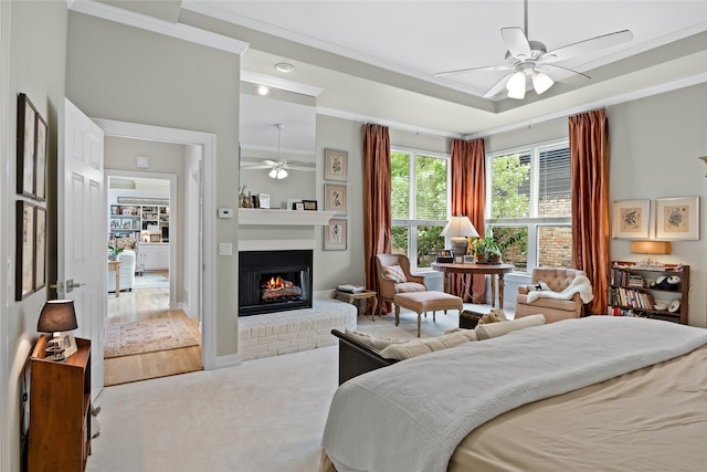 6518 Laurel Valley Rd, Dallas, TX 75248 - bedroom with ornamental molding, a brick fireplace, and carpet floors