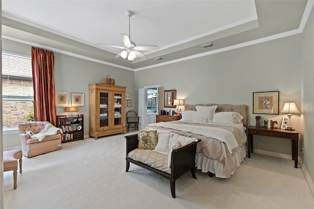 6518 Laurel Valley Rd, Dallas, TX 75248 - bedroom featuring light colored carpet, a raised ceiling, crown molding, baseboards, and a ceiling fan