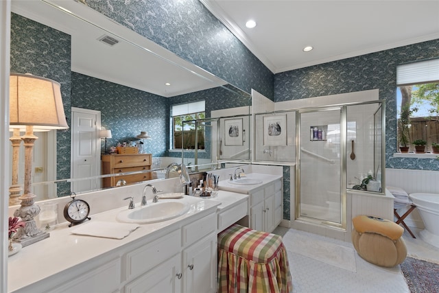 6518 Laurel Valley Rd, Dallas, TX 75248 - full bath with wallpapered walls, ornamental molding, double vanity, a stall shower, and a freestanding bath