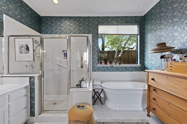6518 Laurel Valley Rd, Dallas, TX 75248 - full bath featuring wallpapered walls, crown molding, a freestanding bath, a stall shower, and vanity