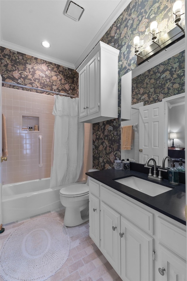 6518 Laurel Valley Rd, Dallas, TX 75248 - bathroom featuring ornamental molding, wallpapered walls, vanity, shower / bathtub combination with curtain, and toilet