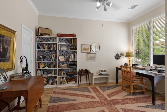 6518 Laurel Valley Rd, Dallas, TX 75248 - office area featuring wood finished floors, ceiling fan, and ornamental molding