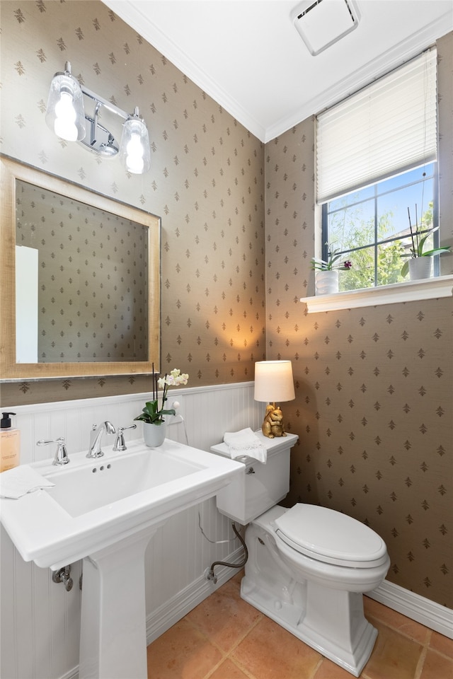 6518 Laurel Valley Rd, Dallas, TX 75248 - half bathroom with toilet, wallpapered walls, tile patterned flooring, ornamental molding, and a sink