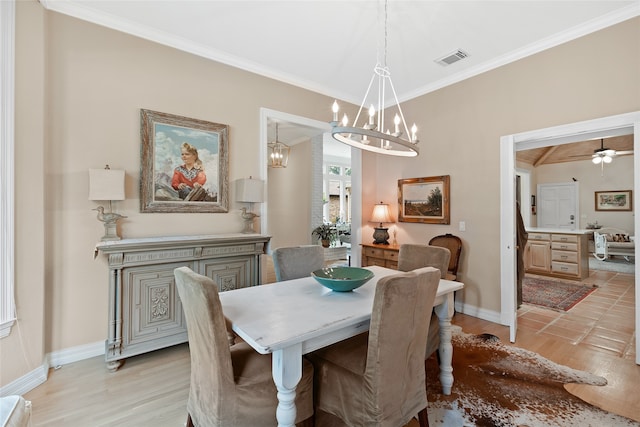 6518 Laurel Valley Rd, Dallas, TX 75248 - dining room featuring a chandelier, ornamental molding, baseboards, light wood finished floors, and ceiling fan
