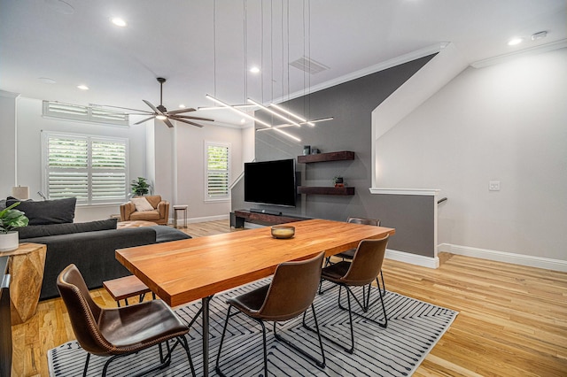 724 E Bluff St, Fort Worth, TX 76102 - dining space featuring light wood-type flooring, crown molding, baseboards, recessed lighting, and a ceiling fan