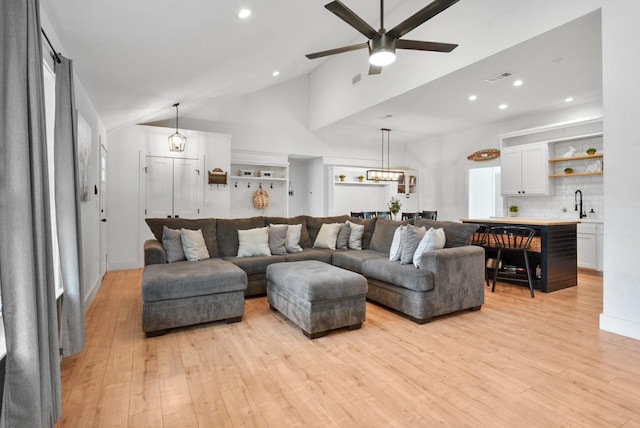 2415 Vz County Road 2624, Wills Point, TX 75169 - living area with ceiling fan, light wood-type flooring, recessed lighting, and high vaulted ceiling