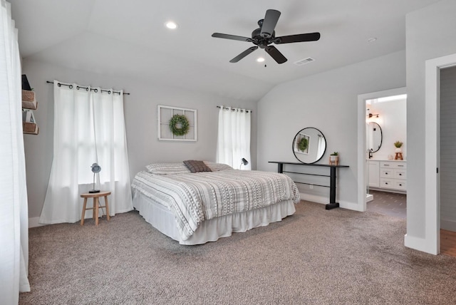 2415 Vz County Road 2624, Wills Point, TX 75169 - carpeted bedroom with vaulted ceiling, baseboards, recessed lighting, a ceiling fan, and ensuite bathroom